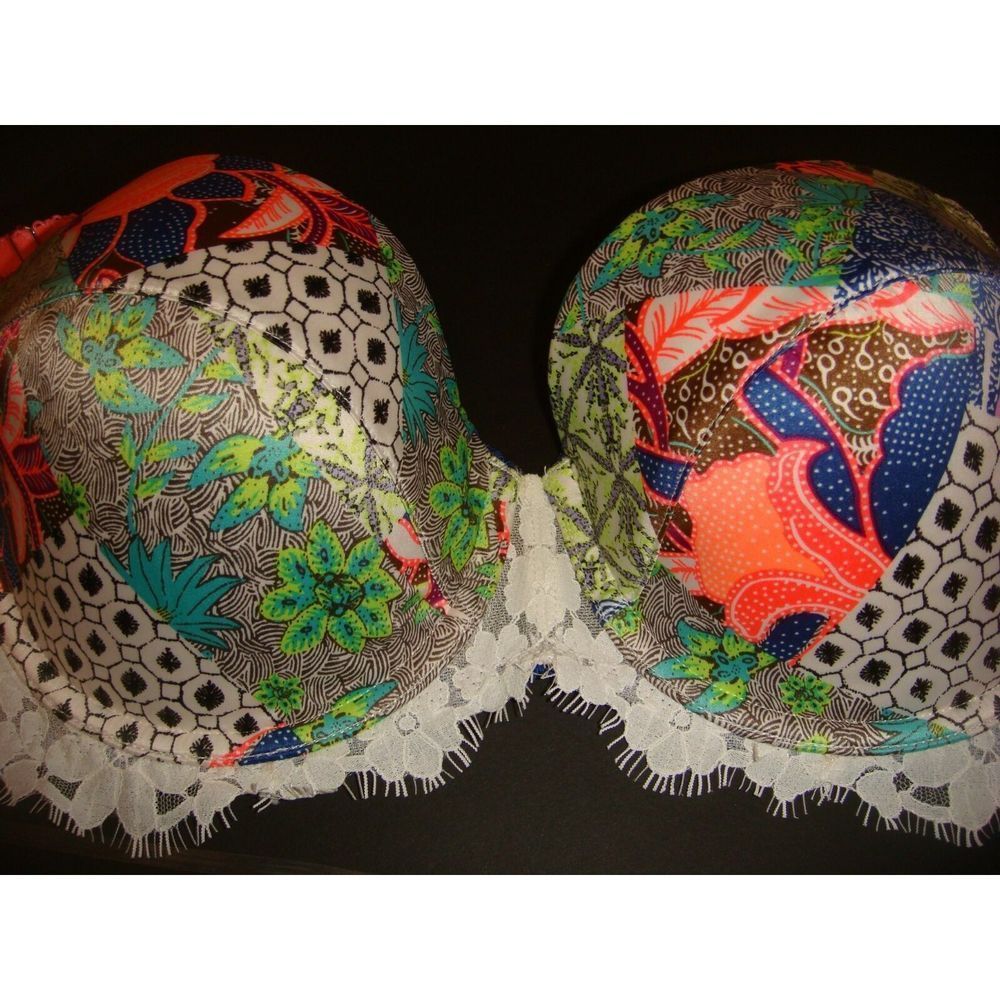 Victoria's Secret 32DDD,34DD,34DDD BRA SET M thong Patchwork BLUE PINK WHITE - Picture 2 of 3